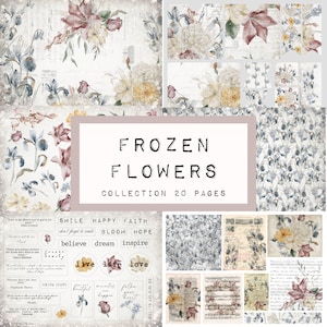 FROZEN FLOWERS collection 20 pages,  digital JUNK journal printable, journal ephemera, digital download, KC0325, katecrafts, snow, winter
