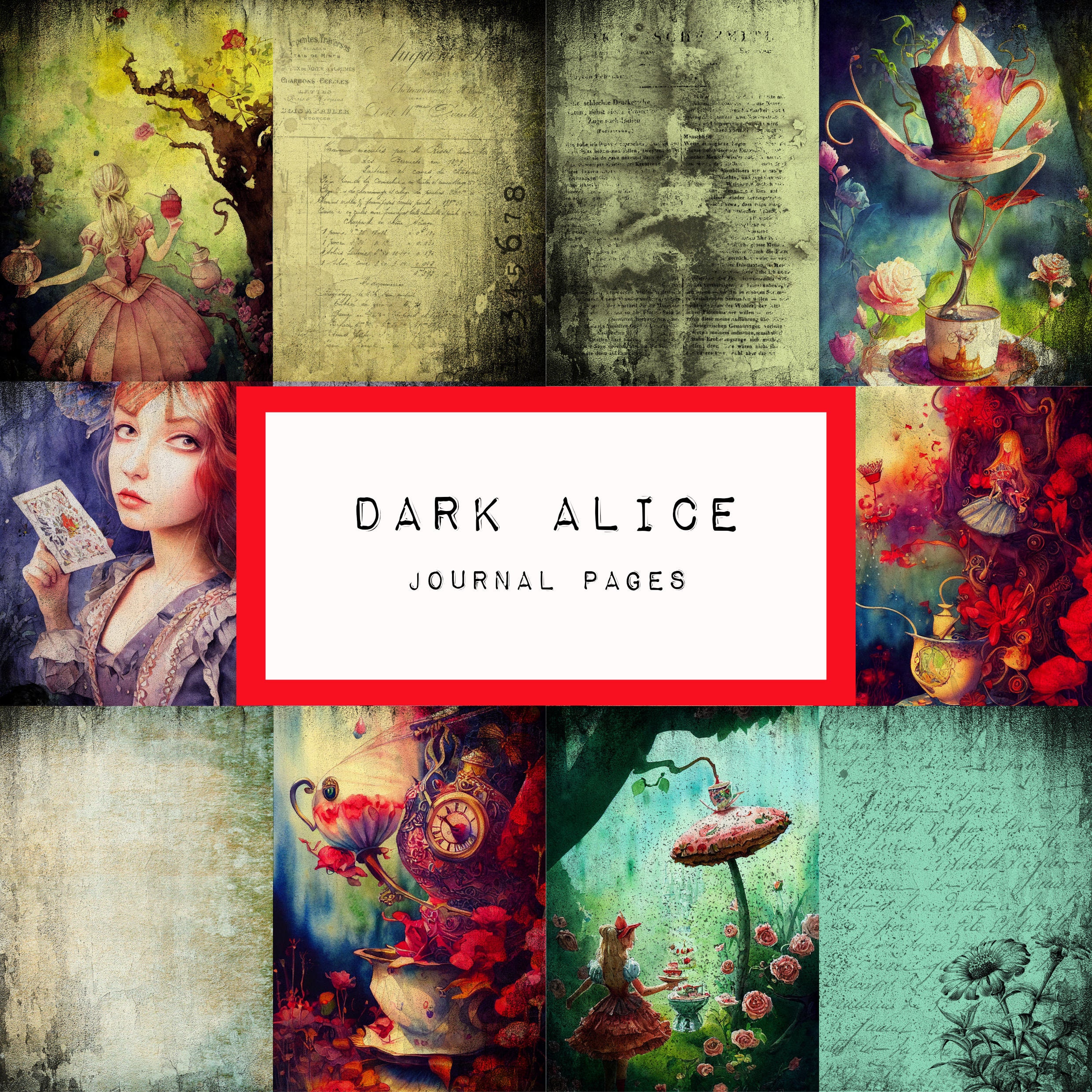 DARK ALICE 6 Journal Pages, Digital Download, Junk Journal, Grungy ...