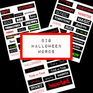 May include: A set of printable Halloween word stickers in black and white with red and green accents. The words include "spell", "nevermore", "spooky", "boo", "tombstone", "shadows", "zombie", "skull", "dump", "monster", "witch", "creepy", "cementary", "magic", "tombstone", "zombie", "skull", "shadows", "zombies", "raveyard", "ombieland", "plod", "halloween", "trick or treat", "spooky", "haunted".