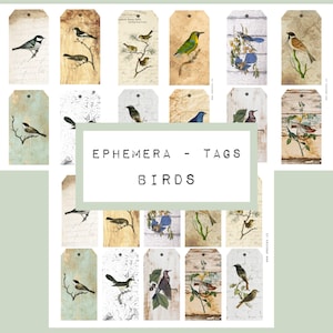 Ephemera - tags met vogels, digitale JUNK journal afdrukbaar, journal ephemera, junk journal paper, vintage tag, bird tag
