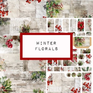 WINTER florals kit , 10 pages,  digital junk journal printable, journal ephemera, junk journal paper,  KC0536, katecrafts