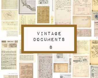 Może przedstawiać: Kolaż vintage'owych dokumentów, w tym ręcznie pisanych listów, nut i pocztówek. Tytuł "Vintage Documents 8" jest wyświetlany w brązowym prostokącie.