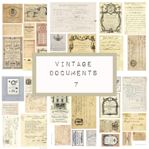 May include: A collage of vintage documents and certificates with handwritten text in black ink on cream and white paper. The documents include a school certificate, a hotel receipt, a receipt for spool cotton, and a receipt for a grocery store. The title "Vintage Documents 7" is written in black text on a white background.
