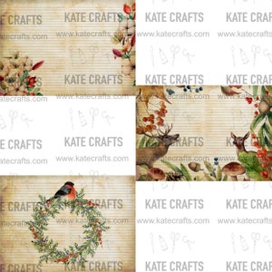 May include: A digital paper pack with four different designs featuring a vintage, rustic aesthetic. The designs include a wreath with a red robin, a deer in the woods, and two floral designs. The designs are perfect for creating digital scrapbook pages, cards, and other crafts.