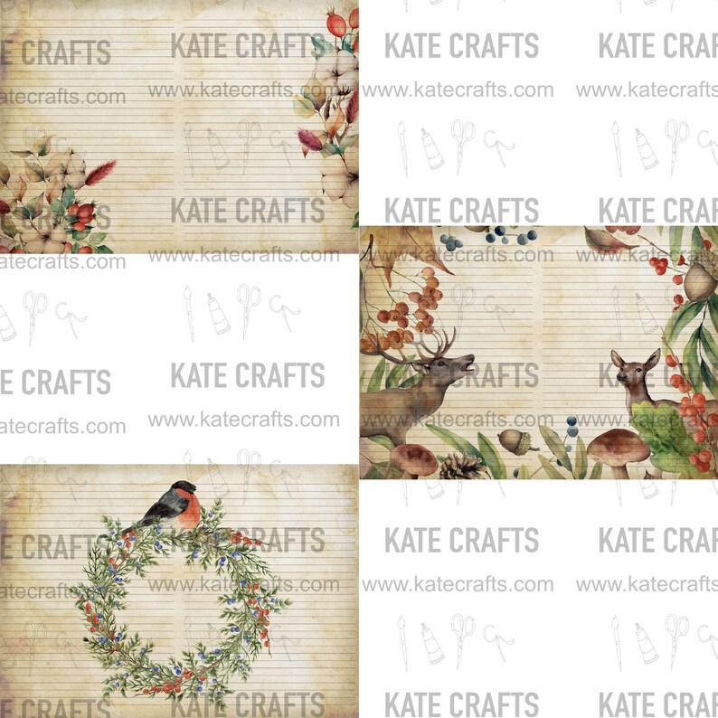 May include: A digital paper pack with four different designs featuring a vintage, rustic aesthetic. The designs include a wreath with a red robin, a deer in the woods, and two floral designs. The designs are perfect for creating digital scrapbook pages, cards, and other crafts.