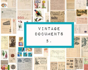 May include: A collage of vintage documents and images, including a musical score, a map, a letter, a drawing of a bird, and a handwritten note. The text "Vintage Documents 5." is in the center of the collage.