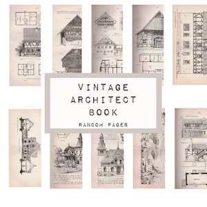 May include: Vintage book with black and white illustrations of architectural designs. The book title is "Vintage Architect Book" and the subtitle is "Random Pages".