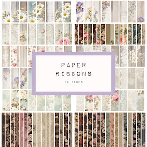 May include: A digital paper pack with 12 pages of floral and lace designs. The designs include daisies, roses, irises, and lace patterns. The paper pack is titled "Paper Ribbons".