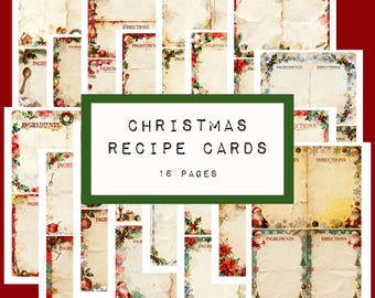 Christmas recipe cards, 16 pages, 32 unique designs,  digital junk printable, baking,  KC0691, katecrafts