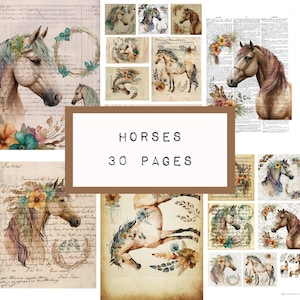 HORSES collection 30 pages, digital download, junk journal printable, ephemera, journal pages, katecrafts, horse, vintage paper KC0430