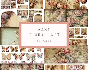 MAXI floral kit, 50 pages  digital JUNK journal printable, journal ephemera, junk journal paper, vintage paper, art journal, KC0673