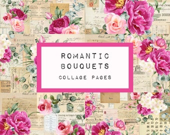 BEAUTIFUL BOUQUETS collage pages,  digital JUNK journal printable, journal ephemera, junk journal paper, vintage paper, KC0301