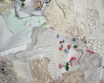 Large Vintage Fabric & Lace Bundle – 75 Pieces – European Antique Textiles 1900–1980 – Junk Journal  Slow Stitch – FREE SHIPPING
