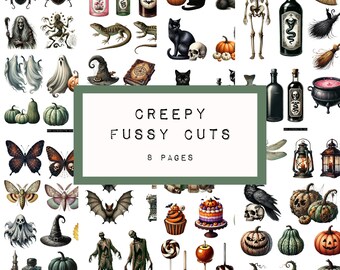 CREEPY fussy cuts 8 pages, digital junk journal printable, ephemera, halloween, spooky, creepy, journaling katecrafts, KC0676
