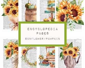SUNFLOWER PUMPKIN encyclopedia pages,  digital JUNK journal printable, journal ephemera, junk journal paper, vintage paper, art journal
