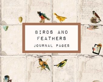 Op de afbeelding: Een set van 10 printbare dagboekpagina's met vintage-illustraties van vogels en veren. De pagina's hebben een verweerde, verouderde uitstraling en bevatten tekst.
