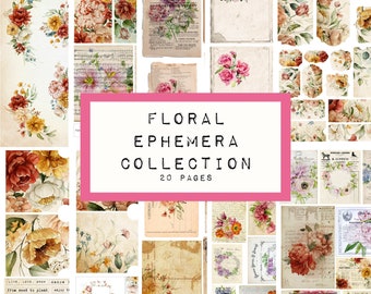FLORAL EPHEMERA collection 20 pages, digital junk journal printable, junk journal paper, pink, shabby chic, flower, rose, KC0441, katecrafts