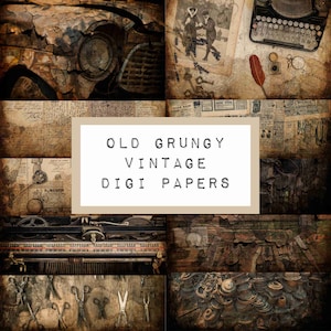 Puede incluir: Un collage de texturas e imágenes vintage, que incluye un coche oxidado, recortes de periódicos antiguos, una máquina de escribir vintage y una foto de una pareja. El texto "OLD GRUNGY VINTAGE DIGI PAPERS" se muestra en el centro de la imagen.