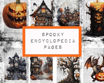 Könnte beinhalten: Eine digitale Collage von gruseligen Halloween-Bildern auf einem Hintergrund aus einer alten Wörterbuchseite. Die Bilder zeigen eine Kürbislaterne, ein Spukhaus, eine Totenkopfkerze, einen gruseligen Baum und einen Drachen.