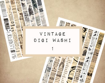 VINTAGE digital WASHI tape 1,  digital JUNK journal printable, journal ephemera, junk journal paper,  art journal, script, newspaper