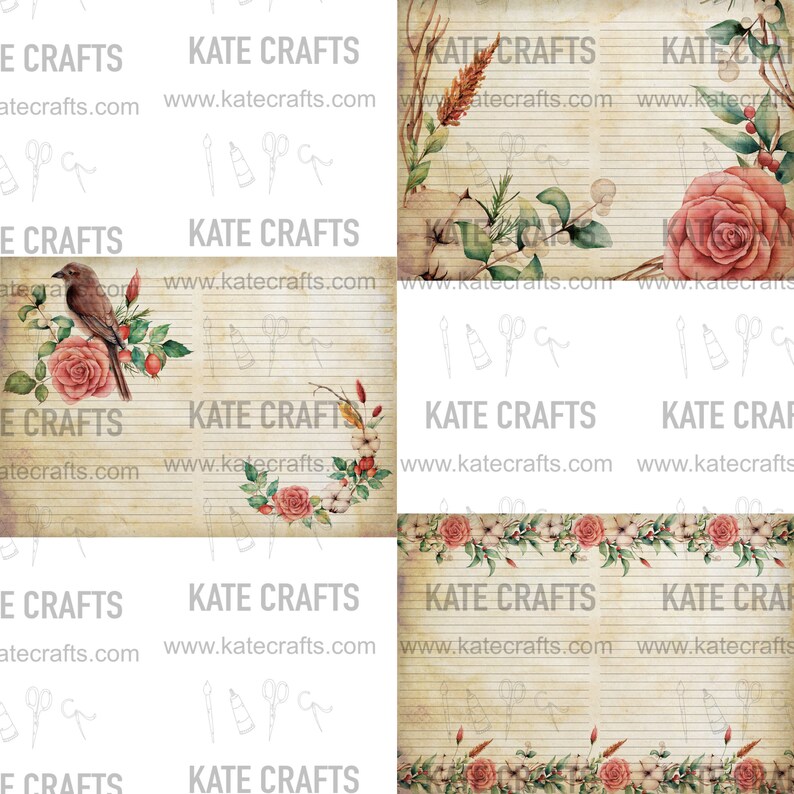 May include: A digital paper pack with a vintage aesthetic featuring floral illustrations, birds, and handwritten text. The text includes the words "Kate Crafts" and "www.katecrafts.com".