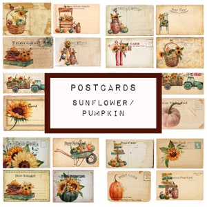 SUNFLOWER PUMPKIN postcards, 6 pages,  digital JUNK journal printable, journal ephemera, junk journal paper, vintage paper, art journal