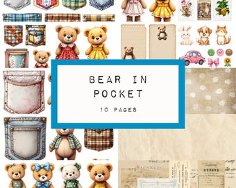 Bear in pocket, 10 pages journal material  - junk journal, digital printable,instant download, tags, pages, ephemera, katecrafts, KC0668