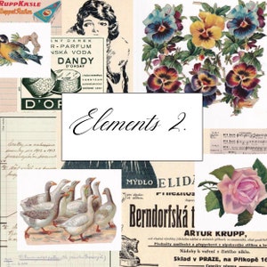 Pode incluir: Uma colagem de imagens vintage com um pássaro, uma mulher, flores, gansos e um anúncio de produto para a loiça Berndorfská. O texto "Elements 2." está escrito em itálico.