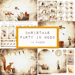 CHRISTMAS party in wood , 14 pages,  digital junk journal printable, journal ephemera, junk journal paper,  KC0539, katecrafts