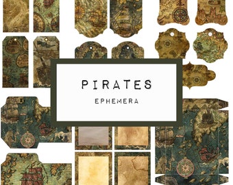 May include: A set of printable pirate themed digital papers and tags. The papers feature a vintage map design with ships, islands, and nautical symbols. The tags are in various shapes and sizes, with some featuring a compass design.