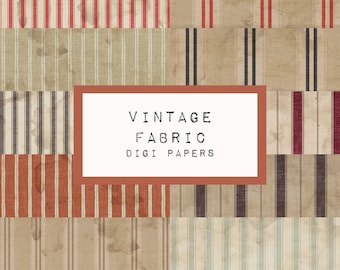 Könnte beinhalten: Ein digitales Papierpaket mit 10 Vintage-Streifenmustern in verschiedenen Farben, darunter Rot, Blau, Braun und Beige. Die Muster sind in einem Raster angeordnet und haben einen abgenutzten, alten Look. Der Text "Vintage Fabric Digi Papers" wird in der Mitte des Bildes angezeigt.