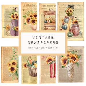Sunflower Pumpkin Vintage Newspaper Pages, Junk Journal Printable (Digital Download)