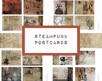 STEAMPUNK postkaarten - digitale JUNK journal printable, journal ephemera, junk journal paper, industrial, grungy junk journal