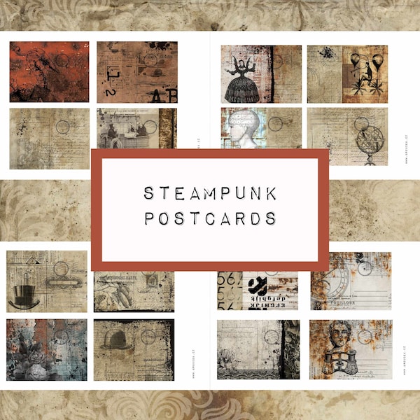 STEAMPUNK post cards - digital JUNK journal printable, journal ephemera, junk journal paper, industrial, grungy junk journal