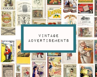 Op de afbeelding: Een collage van vintage advertenties uit het begin van de 1900s. De advertenties tonen producten zoals naaimachines, zeep, cacao, limonade, fietsen en meer. De collage heeft de titel "Vintage advertenties".