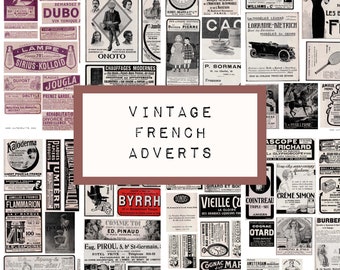 May include: A collage of vintage French advertisements from the early 20th century. The ads feature products such as wine, cigarettes, clothing, and household goods. The ads are in black and white and feature illustrations and text in French.