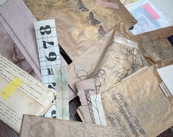 Handmade Vintage Ephemera Bundle,Junk Journal Snippets, Stitched Stamped Papers, Unique Mixed Pack – Free Shipping, NO AI, NO printed images