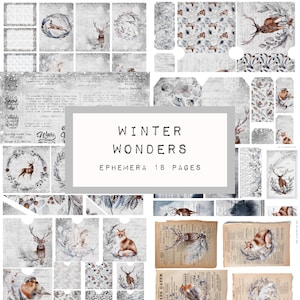 WINTER WONDERS 18 ephemera pages, JUNK journal printable, journal ephemera, digital download, KC0396, katecrafts, snow, winter, animal, wood
