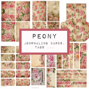 Cartões de registro no diário PEONY, etiquetas, etc. Diário LIXO digital para impressão, coisas efêmeras de diário, papel de diário indesejado, papel vintage, diário de arte