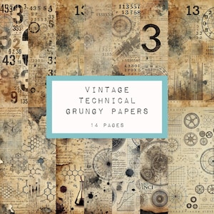 Könnte beinhalten: Eine Collage aus 14 Vintage-Technikpapieren mit Grunge-Ästhetik. Die Papiere zeigen verschiedene Diagramme, Zahlen und Texte, darunter chemische Formeln, Zahnräder und Kompassrosen. Die Papiere sind in Braun-, Beige- und Schwarztönen gehalten.