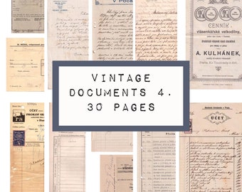 Puede incluir: Un collage de documentos vintage, que incluyen recibos, facturas y cartas escritas a mano. Los documentos están en varios tonos de marrón y amarillo, con algo de texto en tinta negra. El título "Vintage Documents 4. 30 Pages" se muestra en un cuadro blanco sobre un fondo gris.