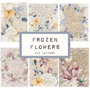 FLORES CONGELADAS páginas de cartas antiguas, diario digital JUNK imprimible, diario efímero, descarga digital, KC0328, katecrafts, nieve, invierno
