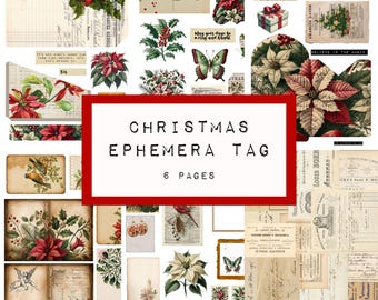 Christmas 2025 ephemera tag , 6 pages,  digital junk journal printable, noel, christmas paper, KC0683, katecrafts
