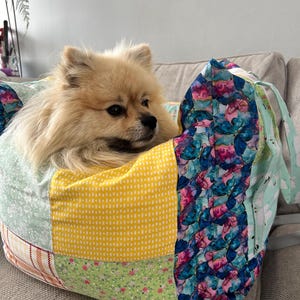 May include: A small, fluffy, tan Pomeranian dog sits inside a soft, quilted fabric pet carrier. The carrier features a patchwork design with panels of yellow, light green floral, and a vibrant blue and pink abstract butterfly pattern.