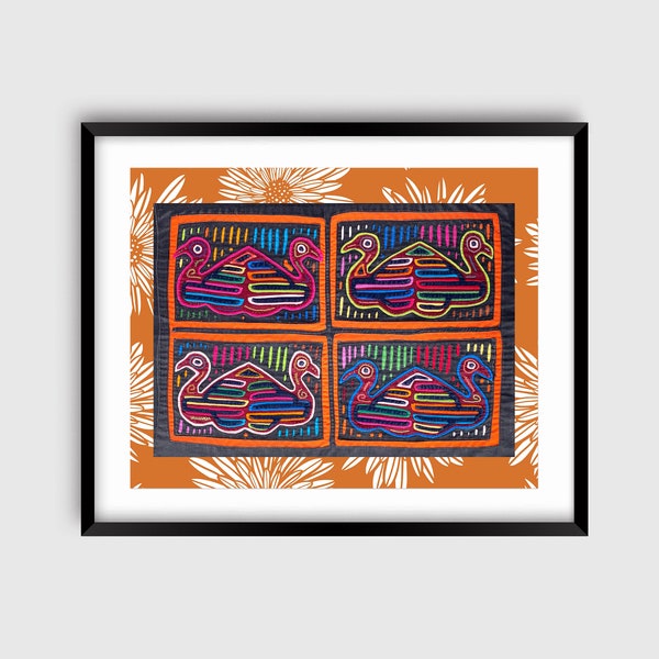Latin American animal theme wall art, Handcrafted indigenous Mola quilt, Original gift for folk textile lovers, Vintage fabric