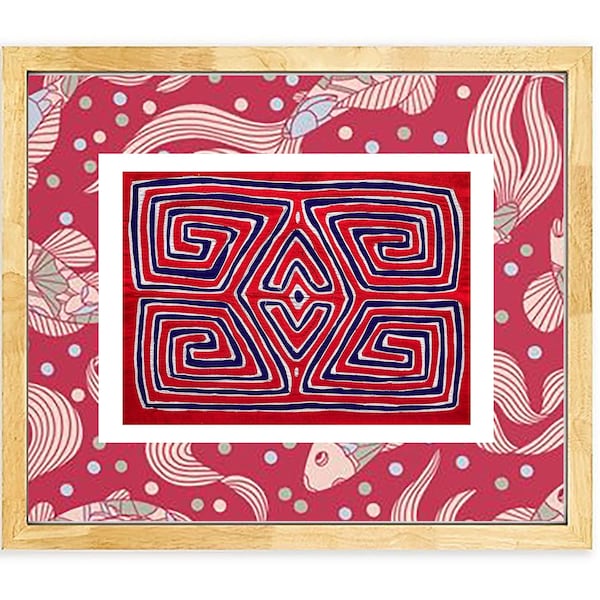 Latin American retro textile unframed wall art, Geometrical vintage tapestry with tribal fabric origins, Nature tapestry Mola from Panama