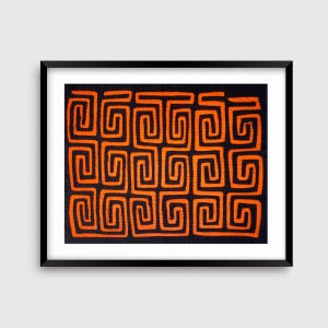 May include: Framed artwork featuring a repeating pattern of orange geometric shapes on a black background. The design consists of interconnected, square-like spirals. The artwork is encased in a black frame, suitable for wall decor.