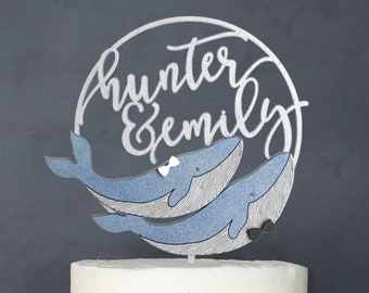 Personalized Humpback Blue Whale Beach Ocean Wedding Cake Topper | Custom Names | Bride Groom
