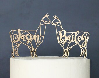 Personalized Modern Rustic Geometric Llama Alpaca Wedding Cake Topper | Custom Name