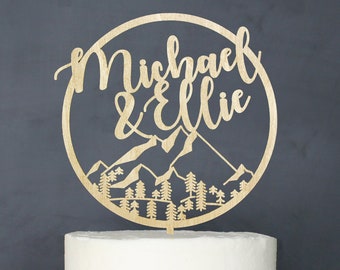 Personalized Modern Rustic Mountain Wilderness Wedding Cake Topper | Custom Name